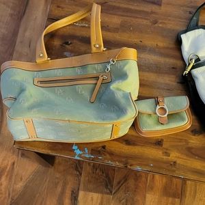 DB Dooney and Bourke green signature canvas leather tan and case